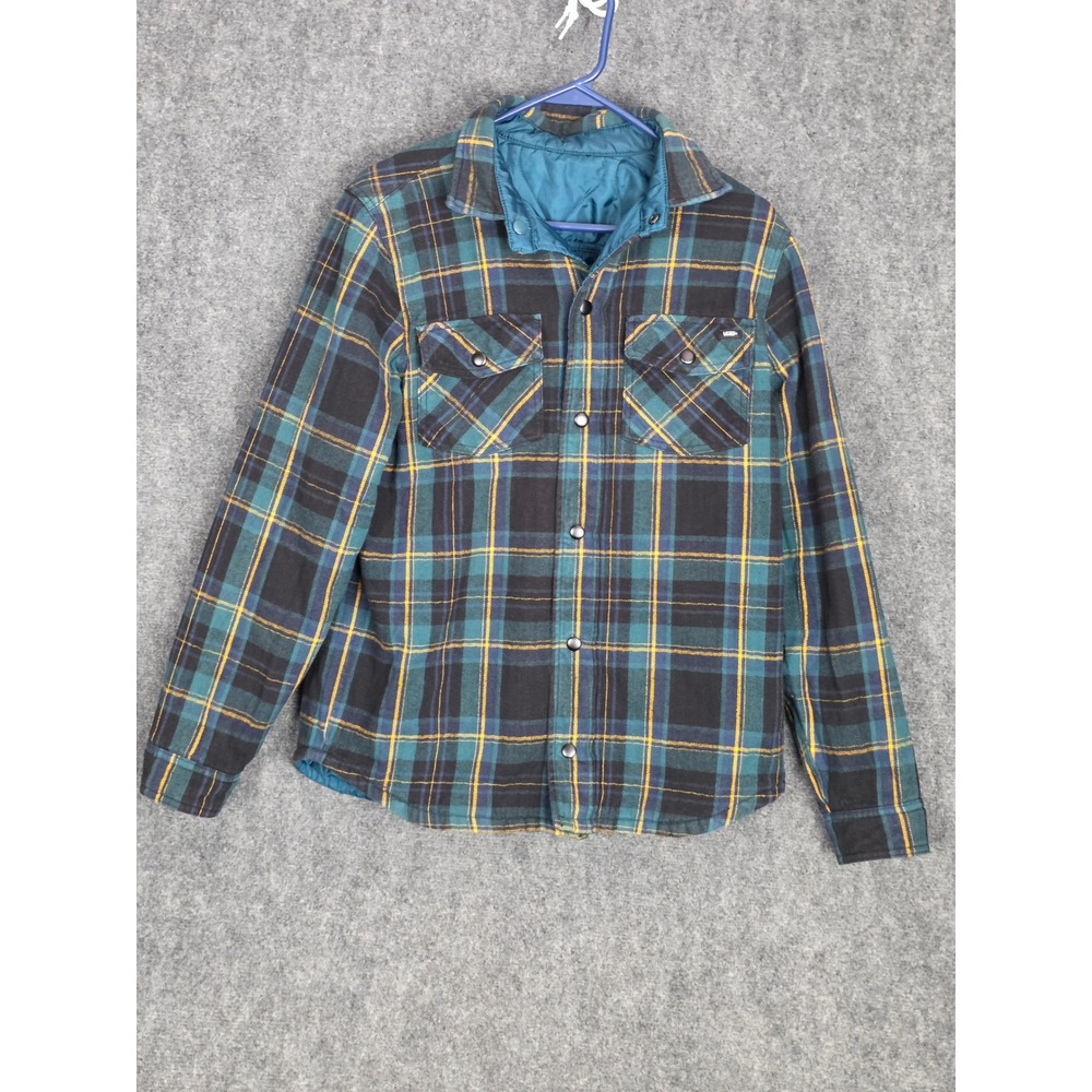 Vans Reversible Mens Button Up Flannel Jacket Blue Quilted Lined Fall 22 Skater